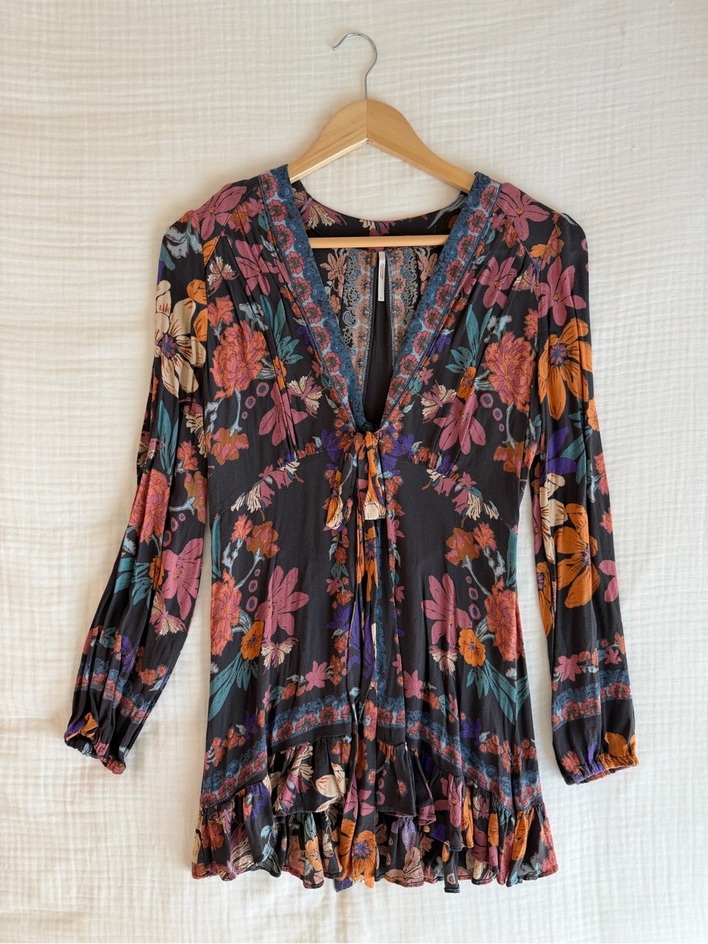 Free People Black Floral Tie-Front V-Neck Tunic with Pink and Orange Blooms